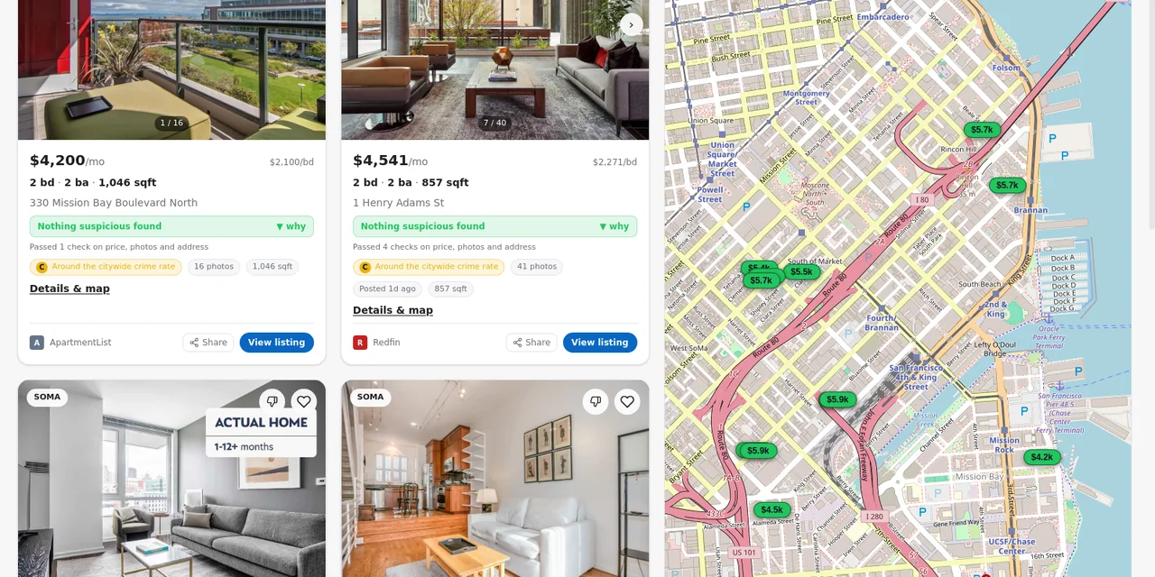 Photo-led listing cards beside a map with price pins