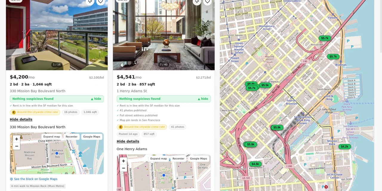 Two listing cards expanded to show the scam checks each passed, a street-level map, and the nearest Muni stop