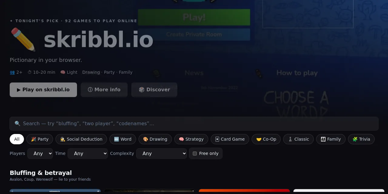 Tabletop Portal screenshot: tonight's pick is skribbl.io, with search, category chips and the player, time and complexity filters below