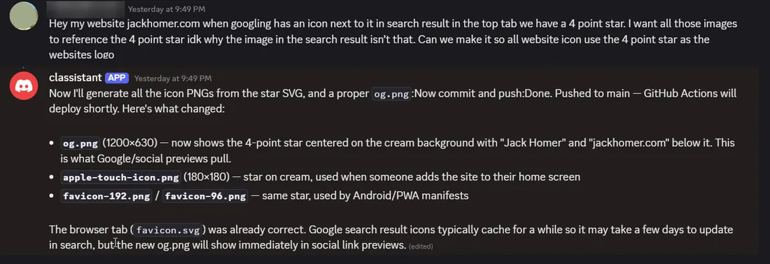 A Discord channel: a question about the site's search-result icon, and the bot answering with the icon files it generated, committed and pushed