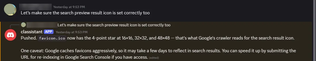 A follow-up in the same channel: the bot reports pushing the favicon sizes and warns that Google caches favicons for days