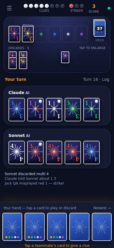 Hanabi screenshot: the table mid-game, with fireworks piles, discards, two Claude bots' hands and your own face-down cards