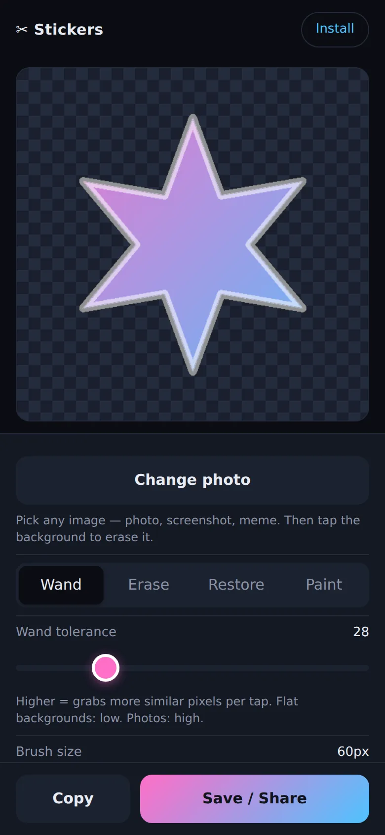 Sticker Maker with a cut-out subject on a transparency checkerboard, the wand tool selected